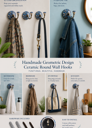 Handmade Geometric Design Ceramic Round Wall Hook