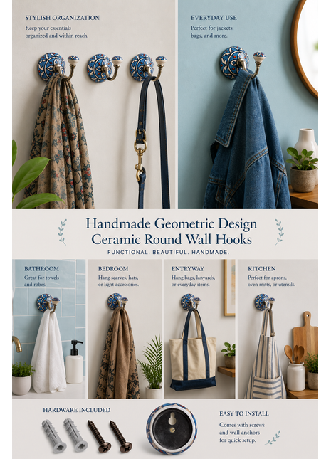 Handmade Geometric Design Ceramic Round Wall Hook