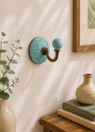 Decorative Teal Embossed Ceramic Round Coat Hook