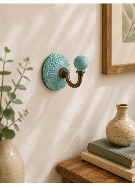 Decorative Teal Embossed Ceramic Round Coat Hook