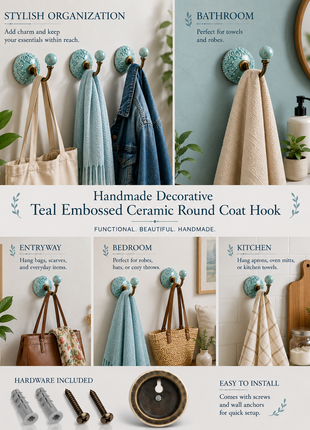 Decorative Teal Embossed Ceramic Round Coat Hook