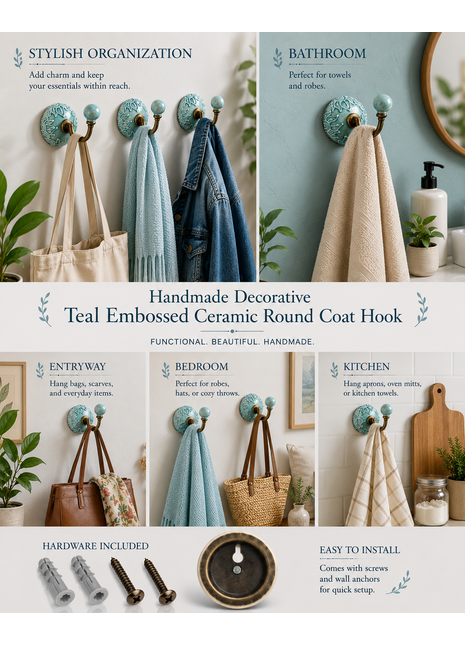 Decorative Teal Embossed Ceramic Round Coat Hook