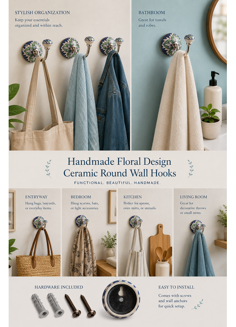 Handmade Floral Design Ceramic Round Wall Hook
