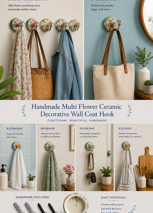 Multi flower Ceramic Decorative Wall Coat Hook