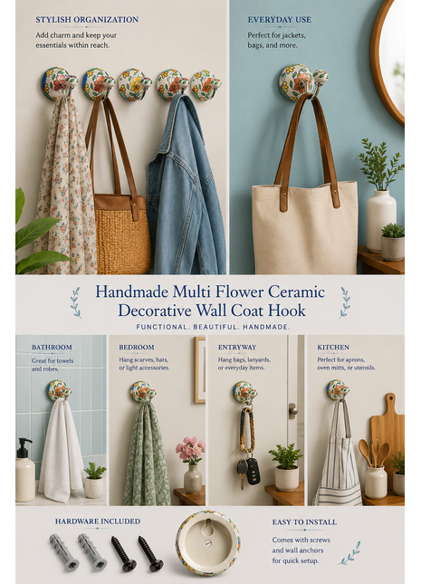 Multi flower Ceramic Decorative Wall Coat Hook