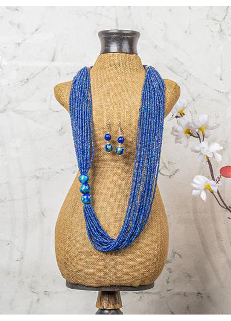 Handmade Blue Pottery Five Bead Necklace with Earrings(Blue)