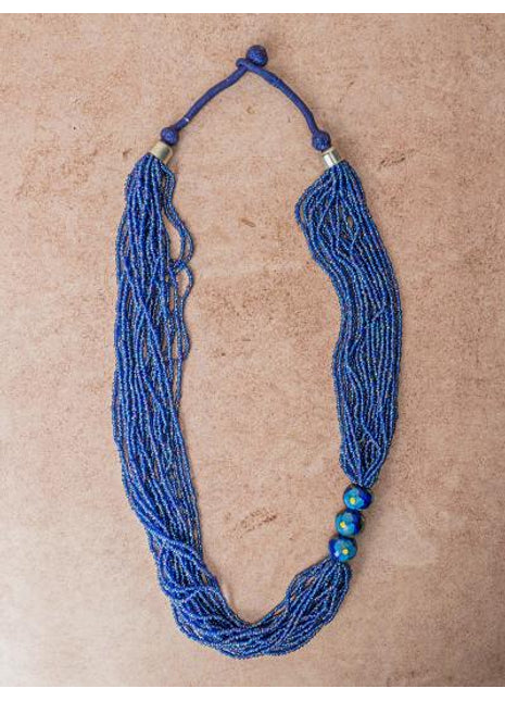 Handmade Blue Pottery Five Bead Necklace with Earrings(Blue)
