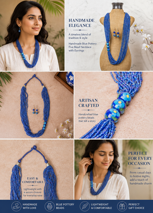 Handmade Blue Pottery Five Bead Necklace with Earrings(Blue)