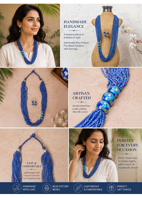 Handmade Blue Pottery Five Bead Necklace with Earrings(Blue)