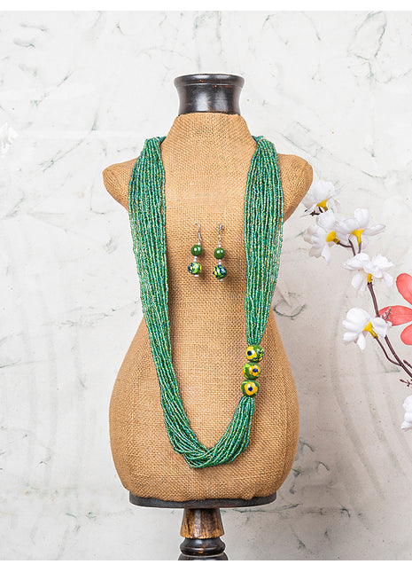 Handmade Green Color Blue Pottery Three Bead Side Necklace with Earrings