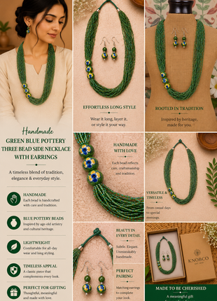 Handmade Green Color Blue Pottery Three Bead Side Necklace with Earrings