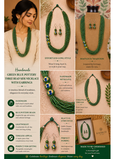Handmade Green Color Blue Pottery Three Bead Side Necklace with Earrings