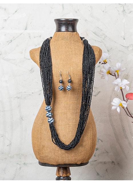 Handmade Black Color Blue Pottery Three Bead Side Necklace with Earrings
