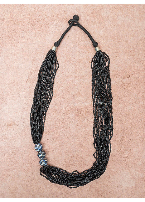 Handmade Black Color Blue Pottery Three Bead Side Necklace with Earrings