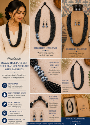Handmade Black Color Blue Pottery Three Bead Side Necklace with Earrings