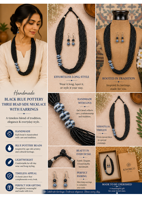 Handmade Black Color Blue Pottery Three Bead Side Necklace with Earrings