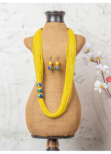 Handmade Yellow Color Blue Pottery Three Bead Side Necklace with Earrings