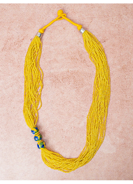 Handmade Yellow Color Blue Pottery Three Bead Side Necklace with Earrings