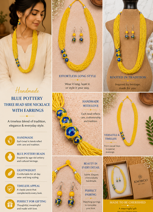 Handmade Yellow Color Blue Pottery Three Bead Side Necklace with Earrings