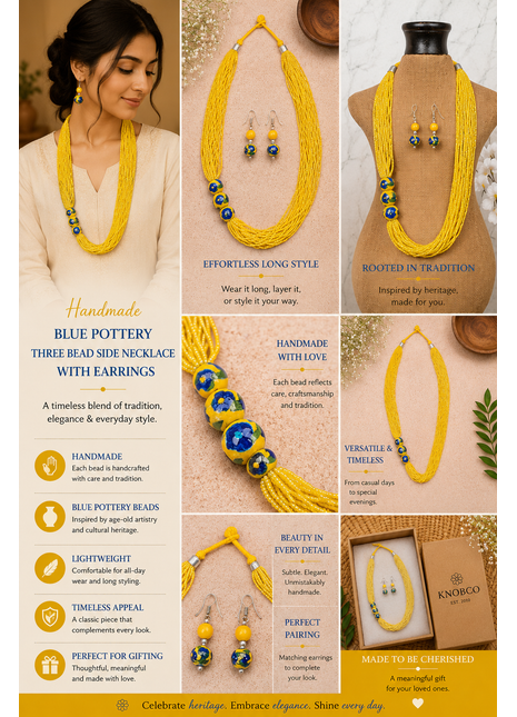 Handmade Yellow Color Blue Pottery Three Bead Side Necklace with Earrings