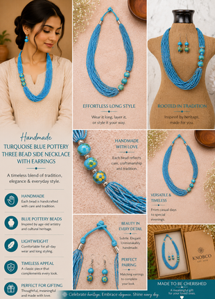Handmade Turquoise Color Blue Pottery Three Bead Side Necklace with Earrings