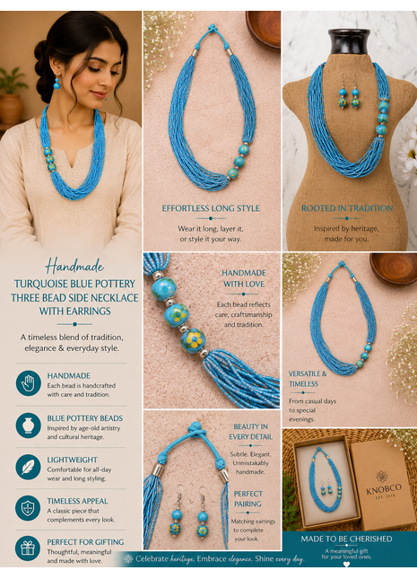 Handmade Turquoise Color Blue Pottery Three Bead Side Necklace with Earrings