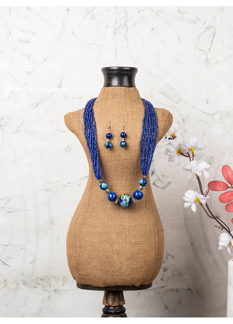 Handmade Blue Color Blue Pottery Three Bead Side Necklace with Earrings
