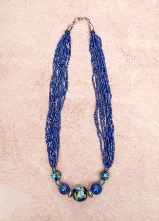 Handmade Blue Color Blue Pottery Three Bead Side Necklace with Earrings