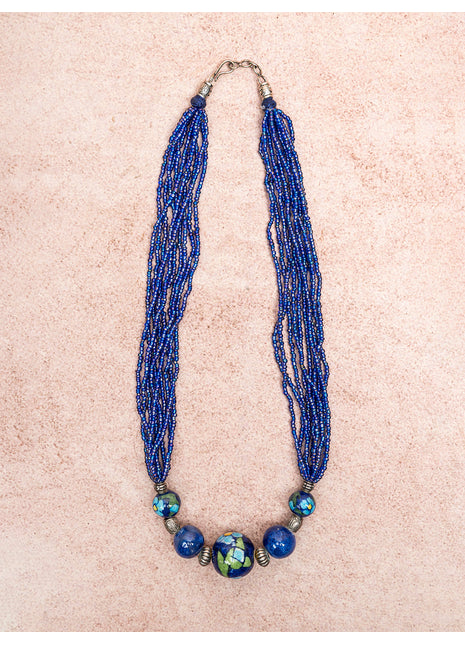 Handmade Blue Color Blue Pottery Three Bead Side Necklace with Earrings