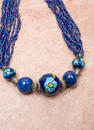 Handmade Blue Color Blue Pottery Three Bead Side Necklace with Earrings