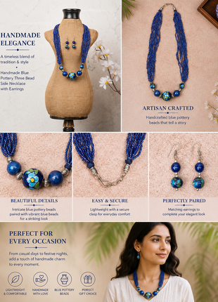 Handmade Blue Color Blue Pottery Three Bead Side Necklace with Earrings
