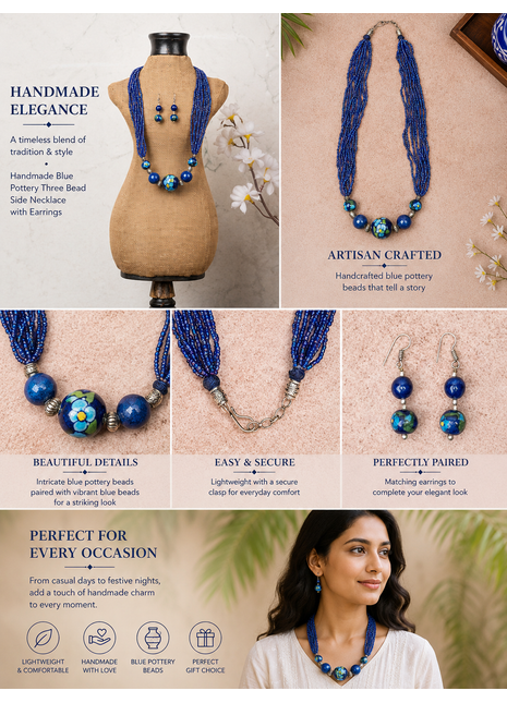 Handmade Blue Color Blue Pottery Three Bead Side Necklace with Earrings