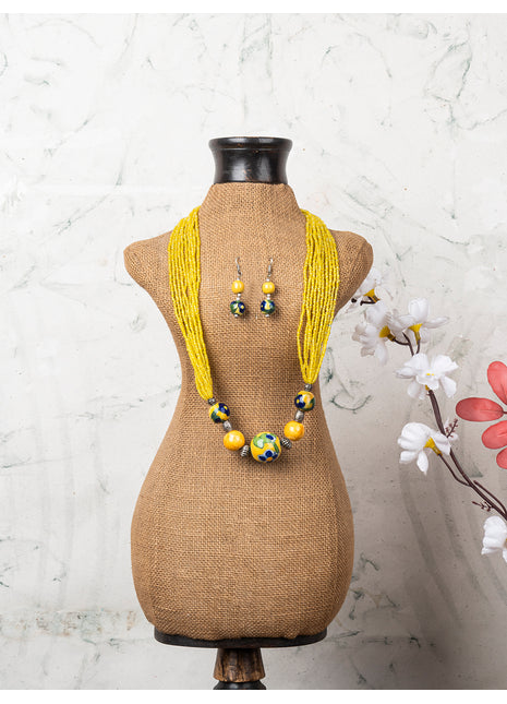 Handmade Blue Pottery Five Bead Necklace with Earrings (Yellow)