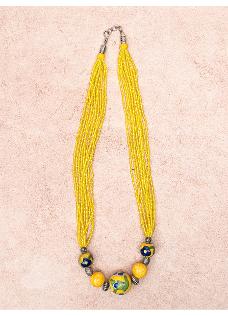 Handmade Blue Pottery Five Bead Necklace with Earrings (Yellow)