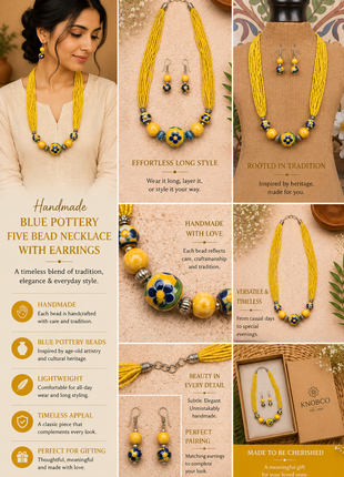 Handmade Blue Pottery Five Bead Necklace with Earrings (Yellow)