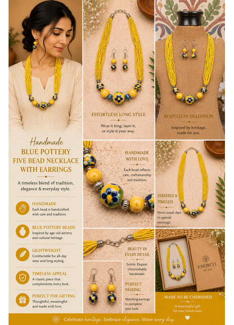 Handmade Blue Pottery Five Bead Necklace with Earrings (Yellow)