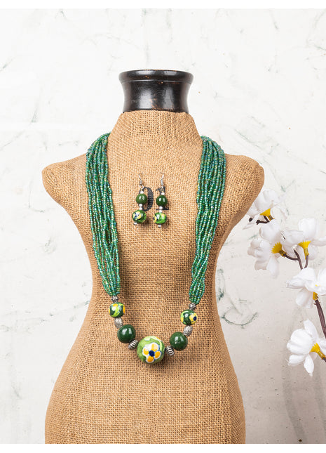 Handmade Blue Pottery Five Bead Necklace with Earrings(Green)