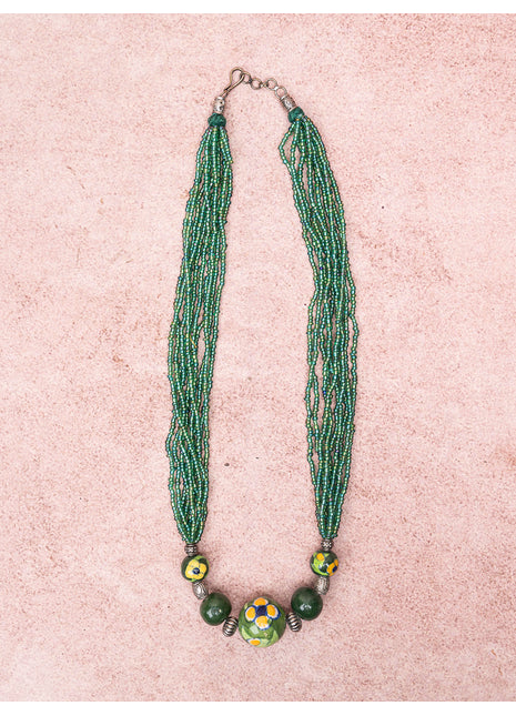 Handmade Blue Pottery Five Bead Necklace with Earrings(Green)