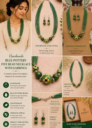 Handmade Blue Pottery Five Bead Necklace with Earrings(Green)