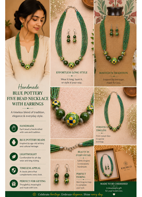 Handmade Blue Pottery Five Bead Necklace with Earrings(Green)