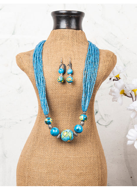 Handmade Blue Pottery Five Bead Necklace with Earrings (Turquoise)