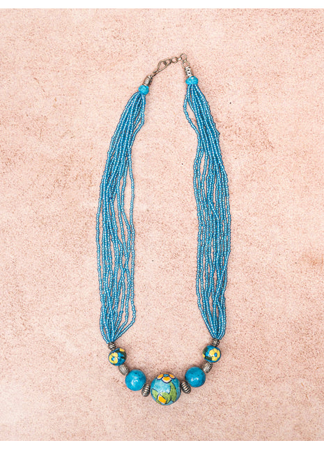 Handmade Blue Pottery Five Bead Necklace with Earrings (Turquoise)