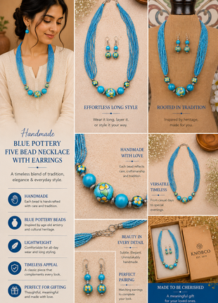 Handmade Blue Pottery Five Bead Necklace with Earrings (Turquoise)
