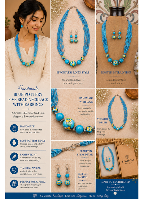 Handmade Blue Pottery Five Bead Necklace with Earrings (Turquoise)