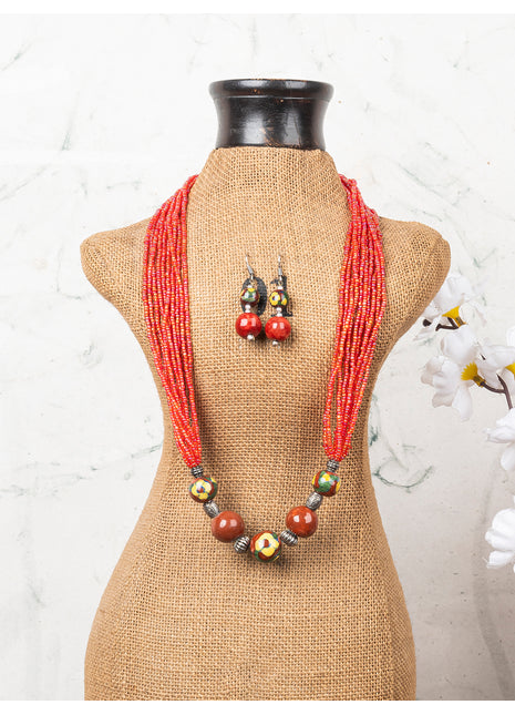 Handmade Blue Pottery Five Bead Necklace with Earrings(Red)
