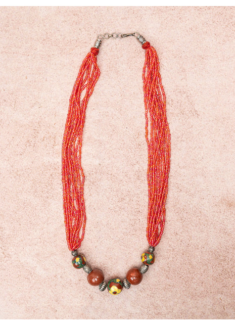 Handmade Blue Pottery Five Bead Necklace with Earrings(Red)