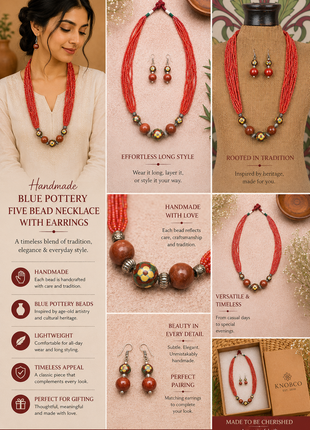 Handmade Blue Pottery Five Bead Necklace with Earrings(Red)