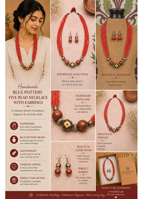 Handmade Blue Pottery Five Bead Necklace with Earrings(Red)