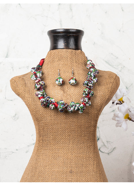 Blue Pottery Knot Necklace Red With Green Flower