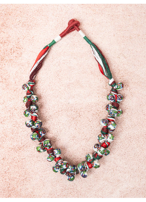 Blue Pottery Knot Necklace Red With Green Flower